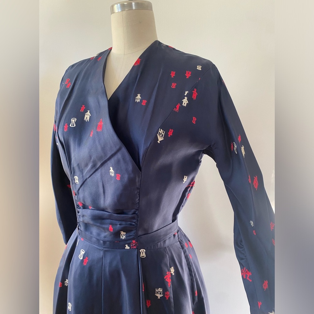 1950s silk day dress with novelty pattern